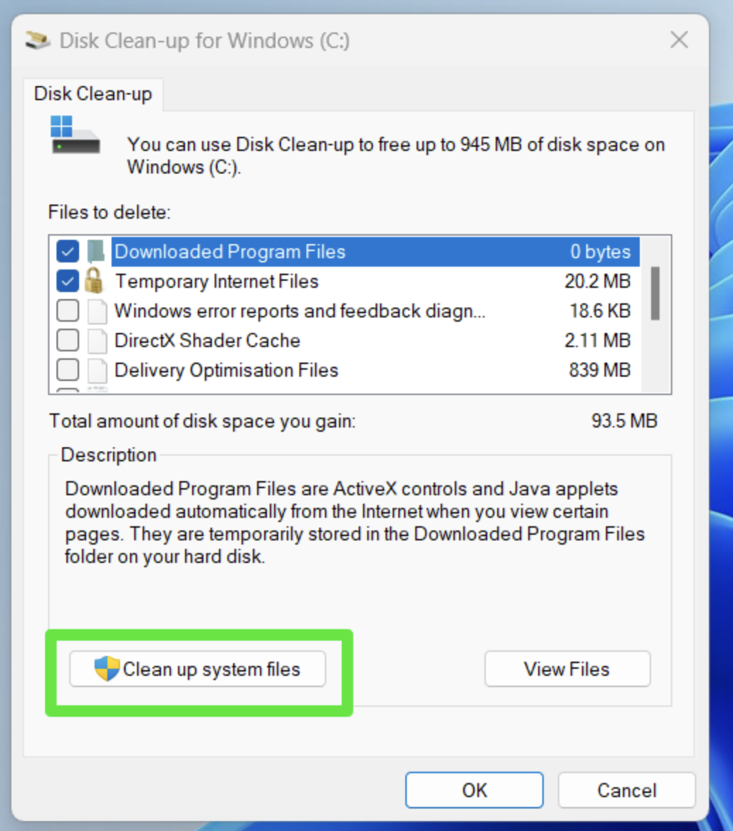 Click the Clean up system files to find and remove unneeded Windows files